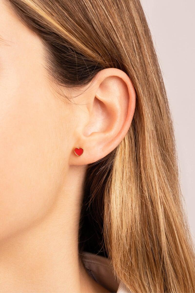 Cortefiel Pendiente Suelto Heart Red Enamel Plata Baño Oro