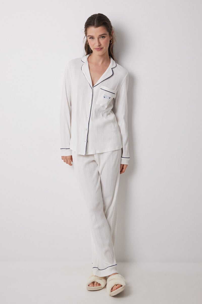 Cortefiel Pijama Camisero 100% Algodón Canalé Blanco