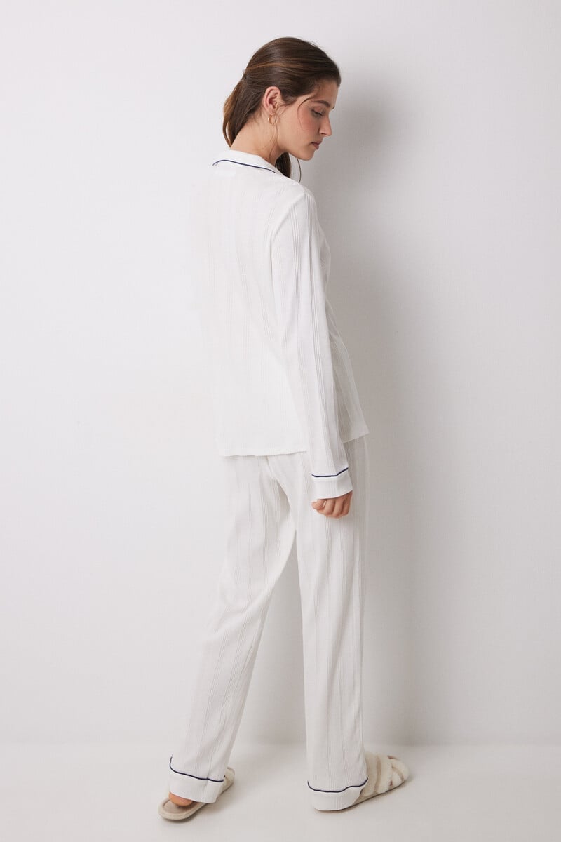 Cortefiel Pijama Camisero 100% Algodón Canalé Blanco