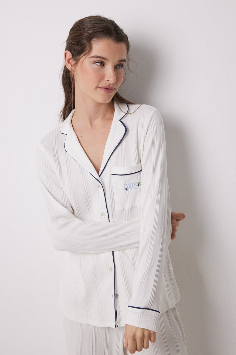 Cortefiel Pijama camisero 100% algodón canalé blanco