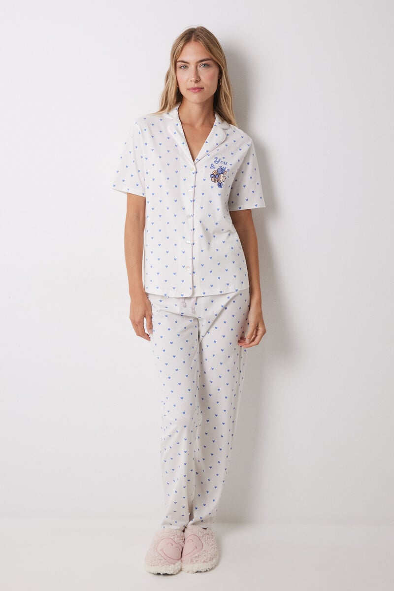 Cortefiel Pijama Camisero 100% Algodón Corazones Azules