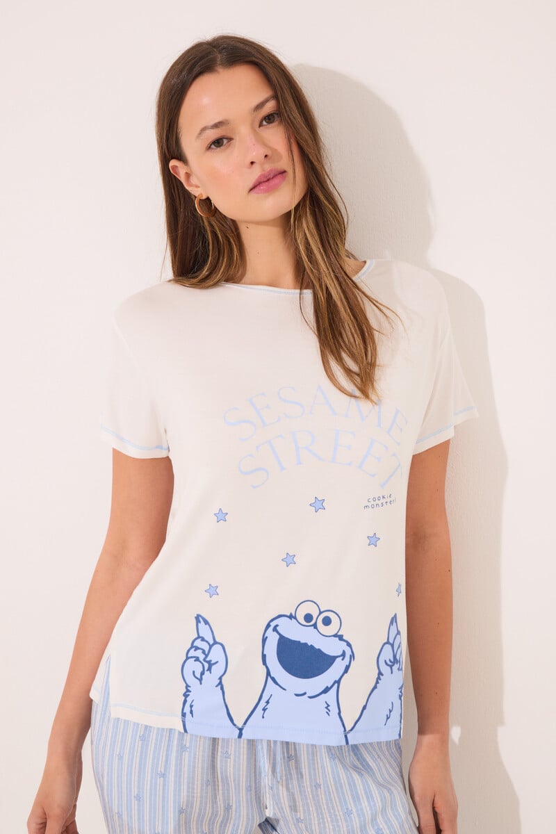 Cortefiel Pijama Viscosa Soft Touch Azul "Barrio Sésamo"