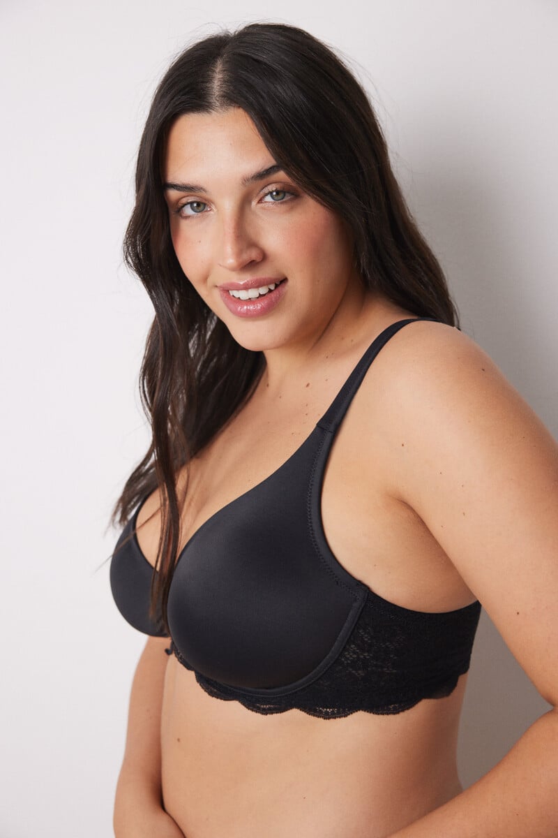 Cortefiel REAL Sujetador Reductor Microfibra Y Encaje Negro