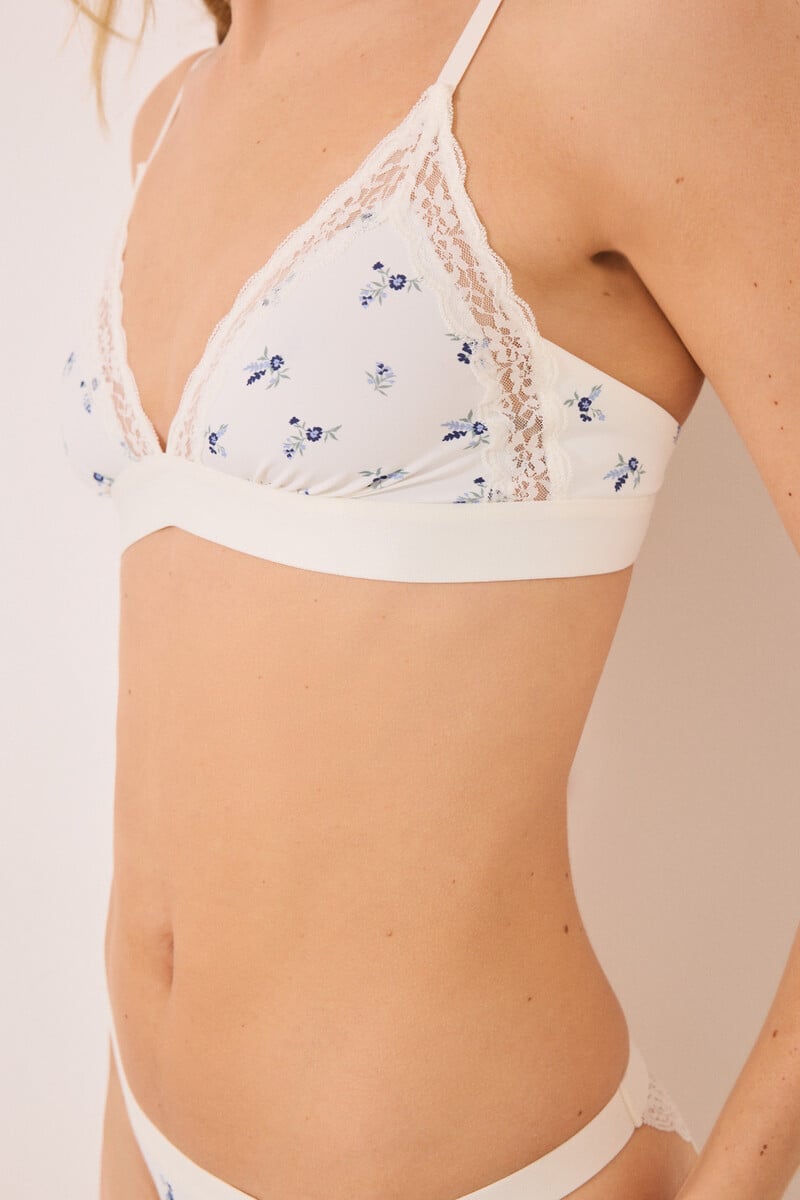 Cortefiel Sujetador Triangular NATURAL Microfibra Y Encaje Blanco