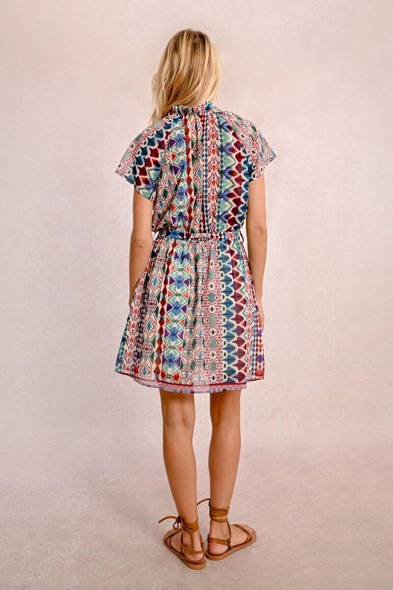 Cortefiel Vestido De Manga Corta Con Volantes Lazada Y Estampado