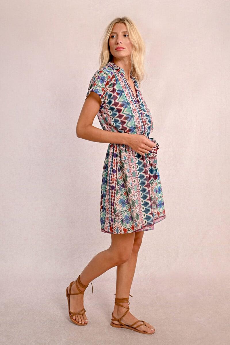 Cortefiel Vestido De Manga Corta Con Volantes Lazada Y Estampado