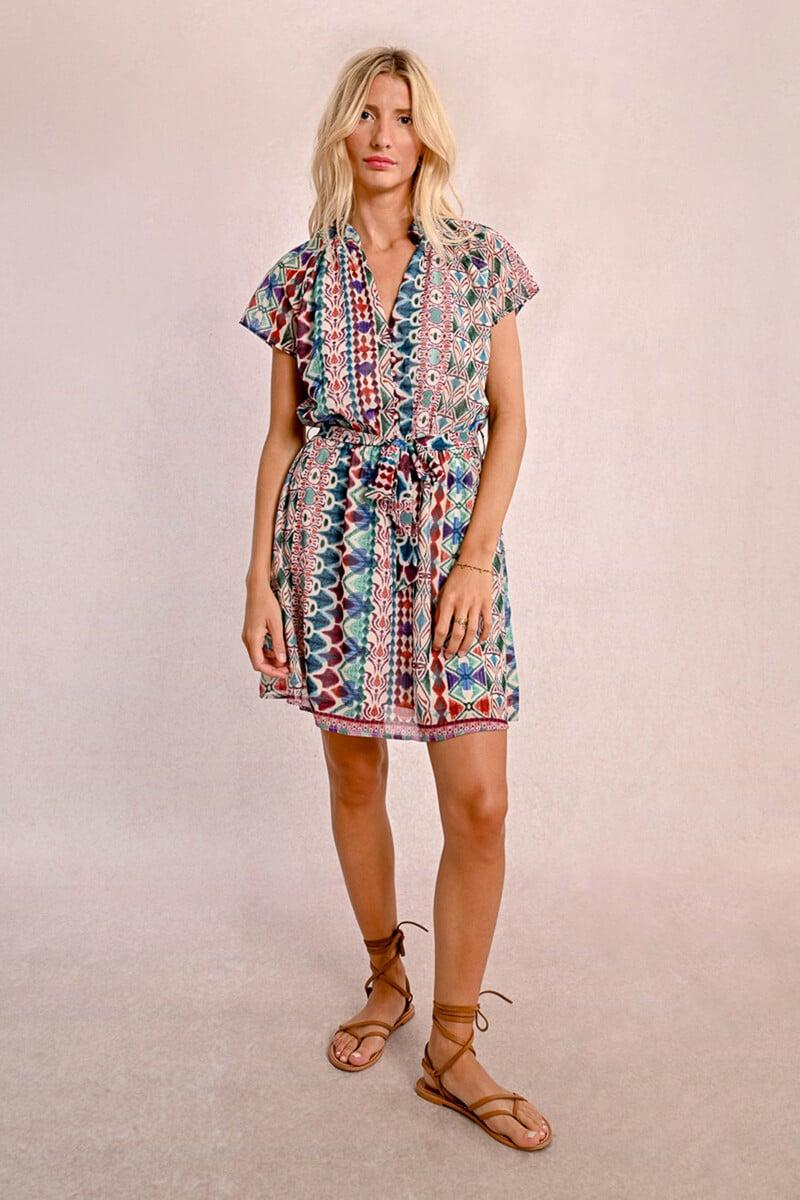 Cortefiel Vestido de manga corta con volantes lazada y estampado