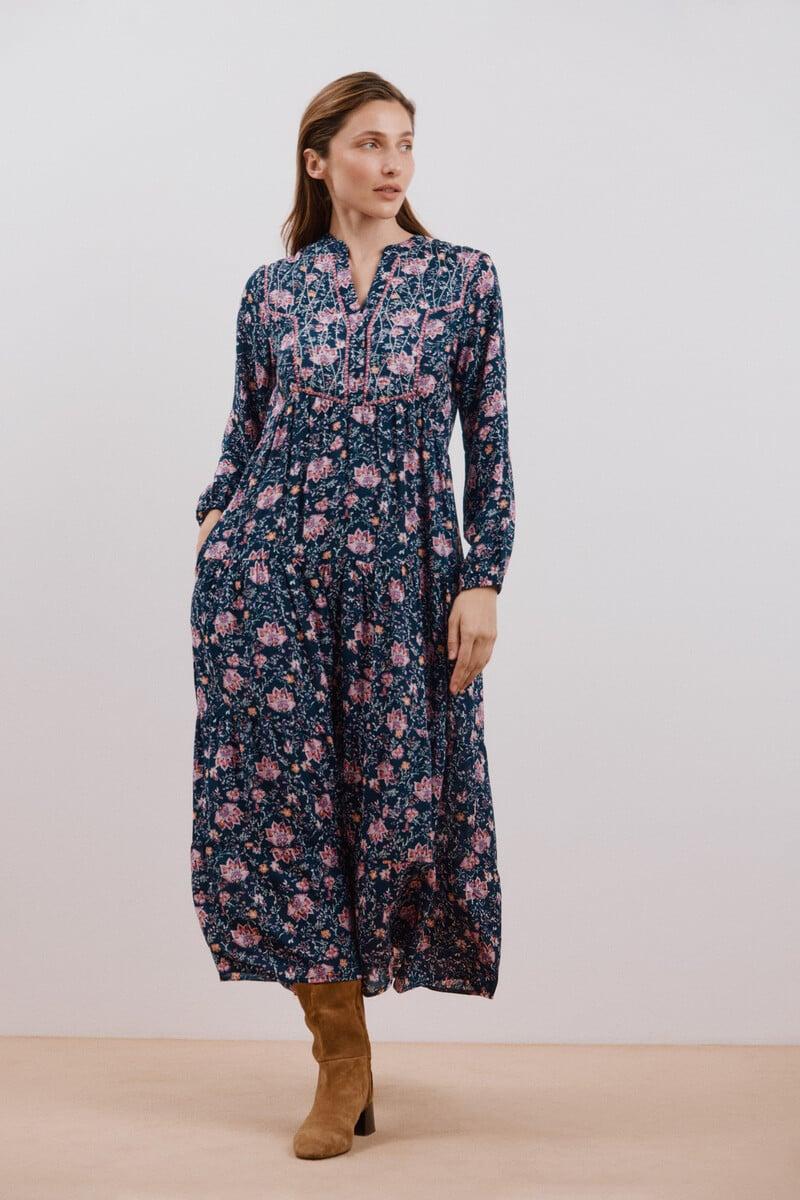 Cortefiel Vestido Largo Estampado Con Bordado A Contraste