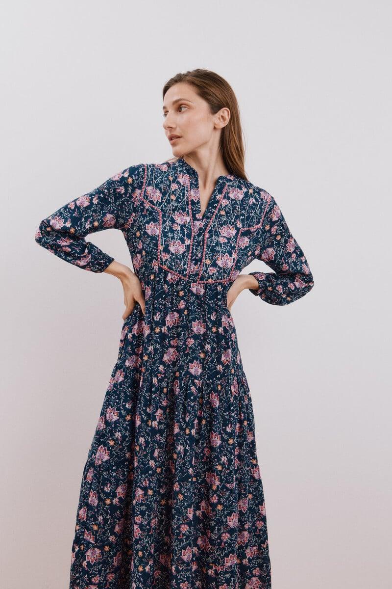 Cortefiel Vestido Largo Estampado Con Bordado A Contraste