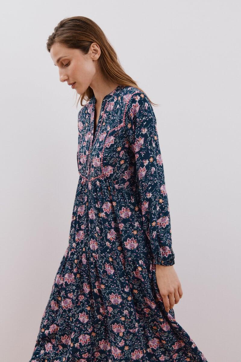 Cortefiel Vestido largo estampado con bordado a contraste