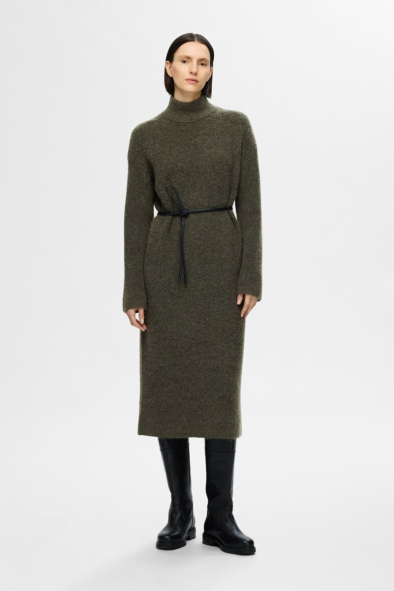 Cortefiel Vestido Midi De Cuello Alto Confeccionado Con Lana Merino