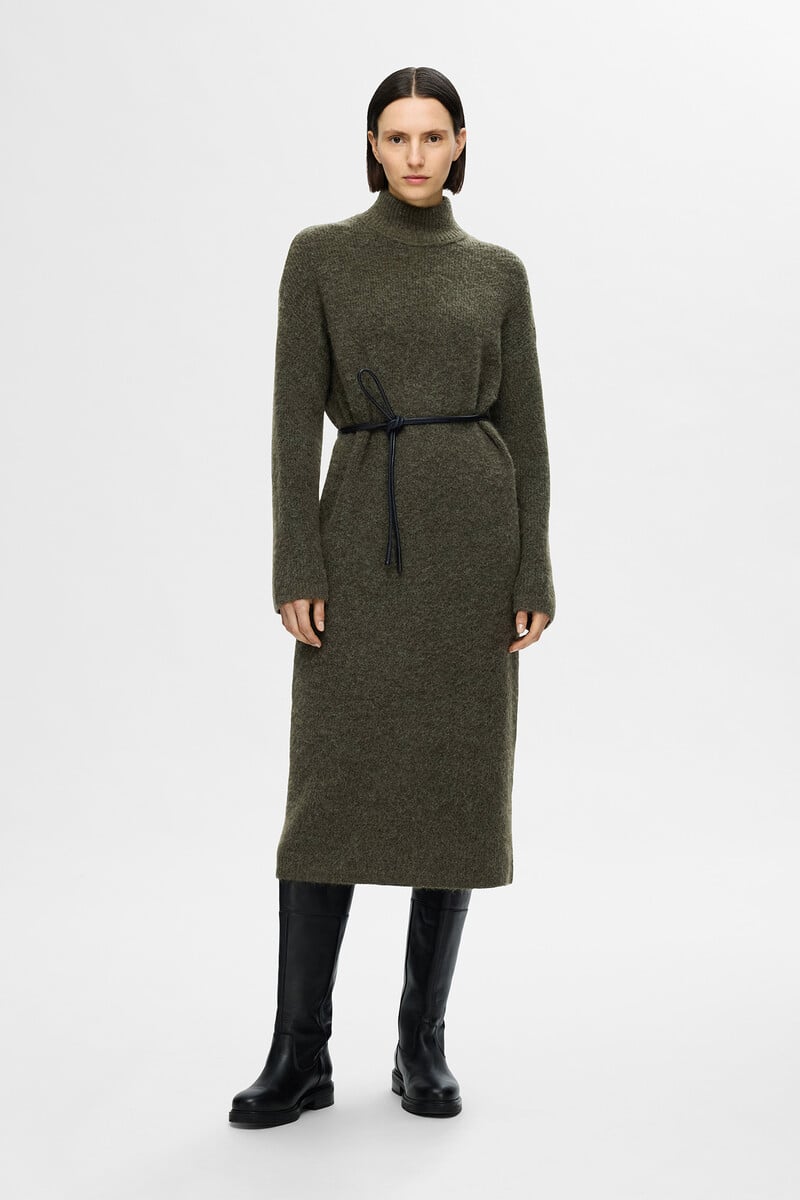 Cortefiel Vestido Midi de cuello alto confeccionado con lana Merino