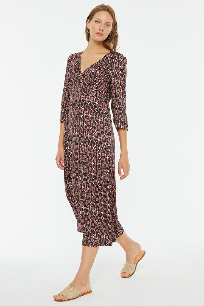 Cortefiel Vestido Midi De Manga Francesa Con Estampado Geométrico