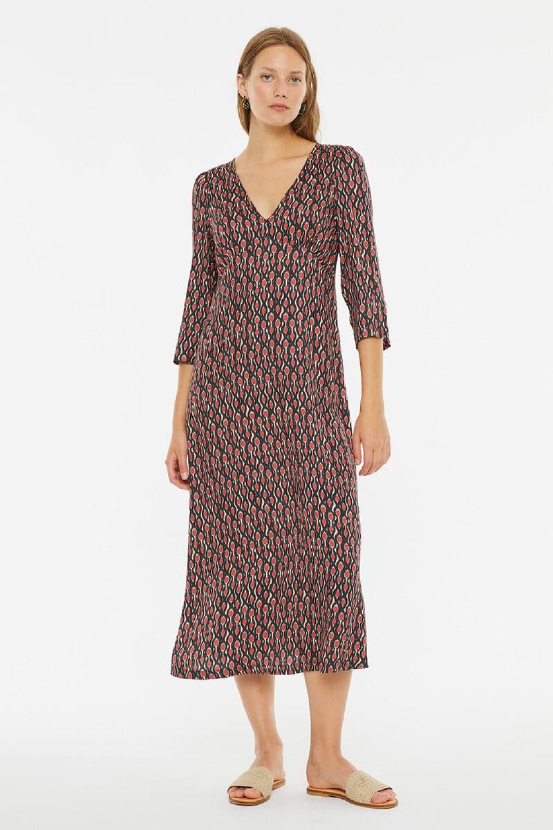 Cortefiel Vestido Midi De Manga Francesa Con Estampado Geométrico