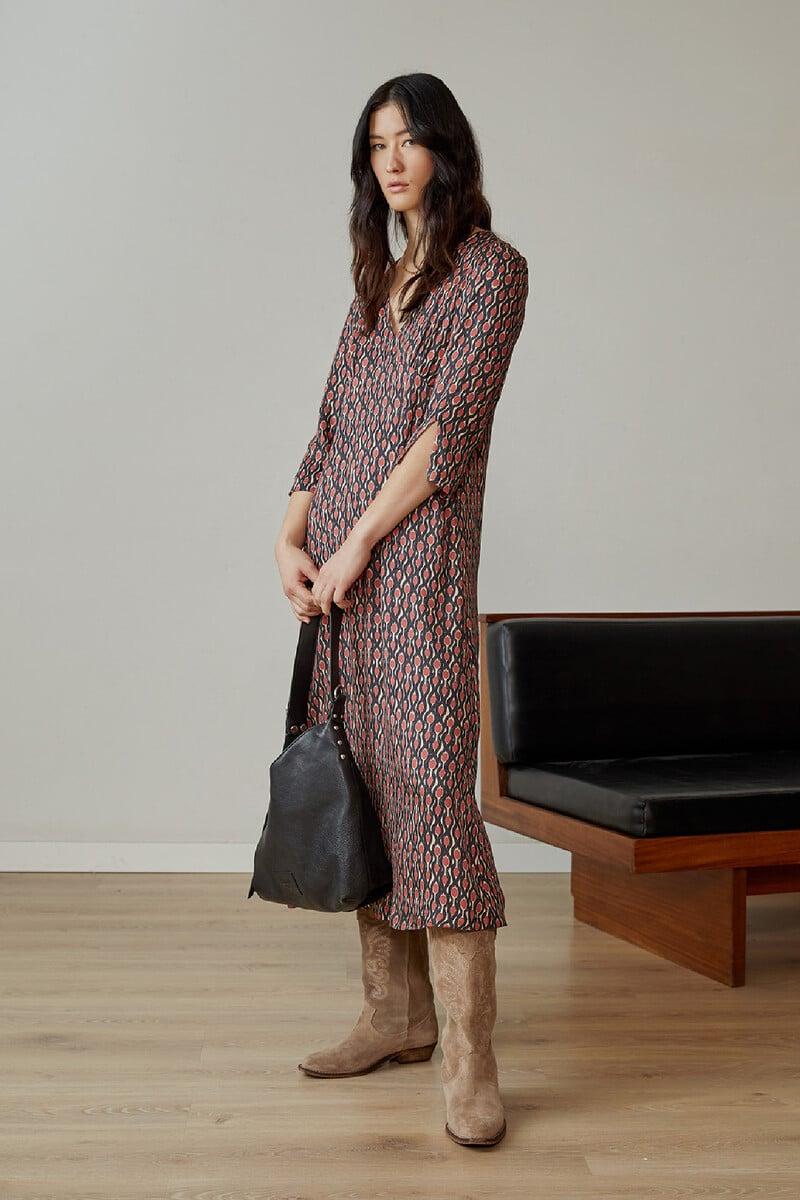 Cortefiel Vestido midi de manga francesa con estampado geométrico