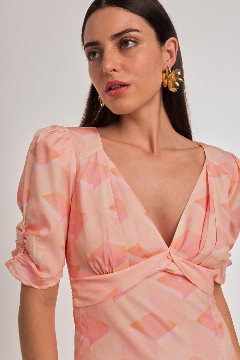 Cortefiel Vestido Midi Manga Corta Estampado Geométrico