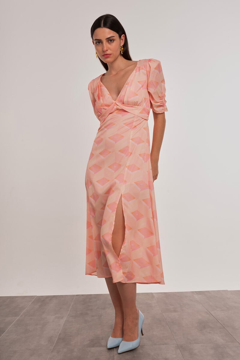 Cortefiel Vestido Midi Manga Corta Estampado Geométrico