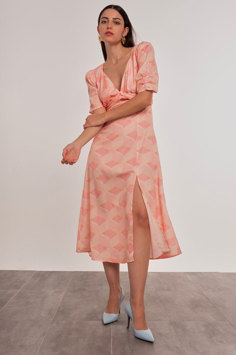 Cortefiel Vestido Midi Manga Corta Estampado Geométrico
