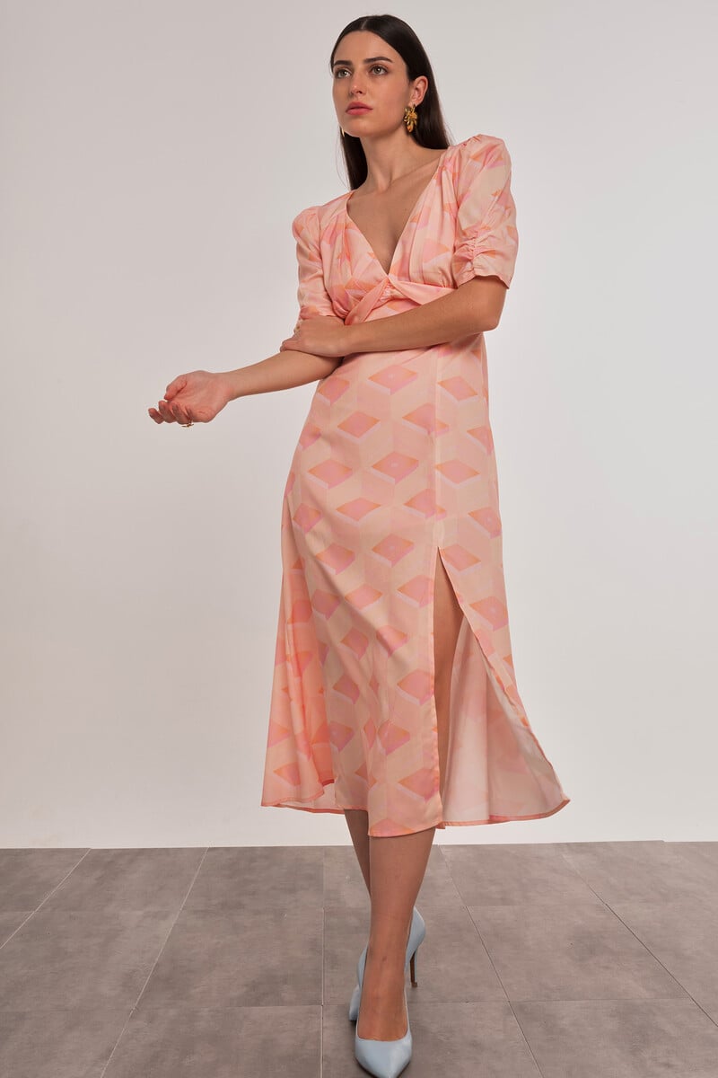 Cortefiel Vestido midi manga corta estampado geométrico
