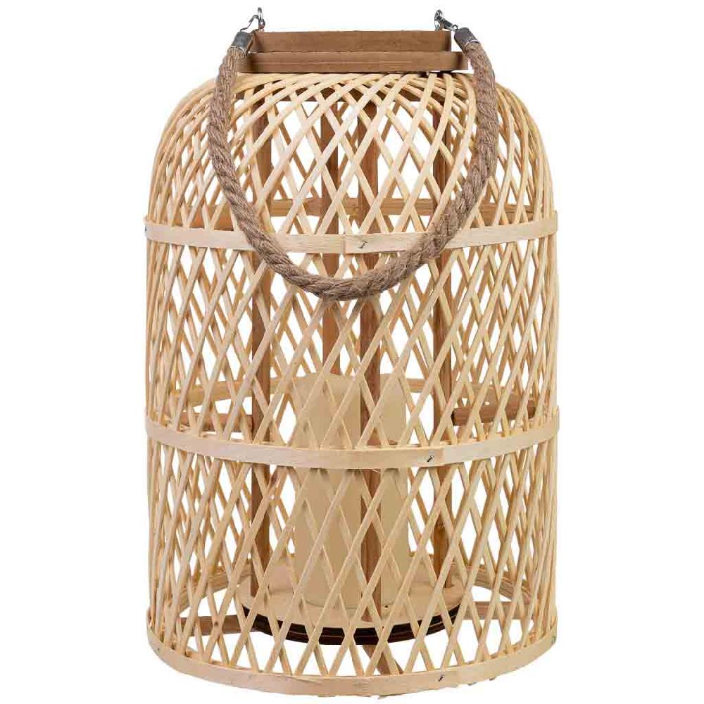 Creaciones Meng DECORACION - FAROLES - Farol De Bambu Y Madera Con Asa De Cuerda Y Vela A Pilas