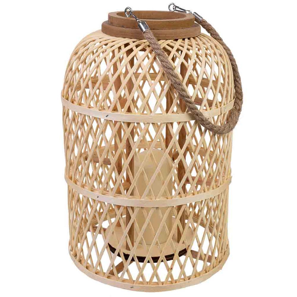 Creaciones meng DECORACION - FAROLES - farol de bambu y madera con asa de cuerda y vela a pilas