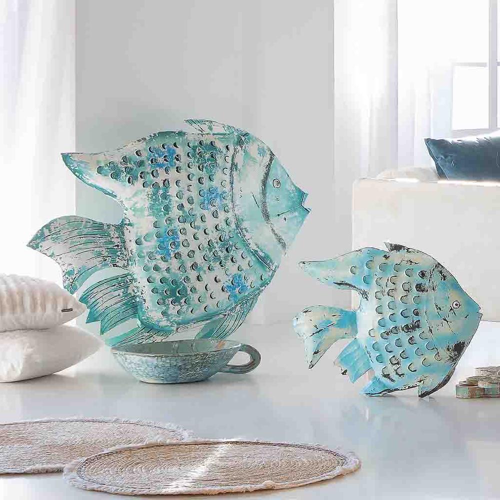 Creaciones Meng DECORACION - FIGURAS DE ANIMALES - Pez Portavela De Metal Envejecido Azul