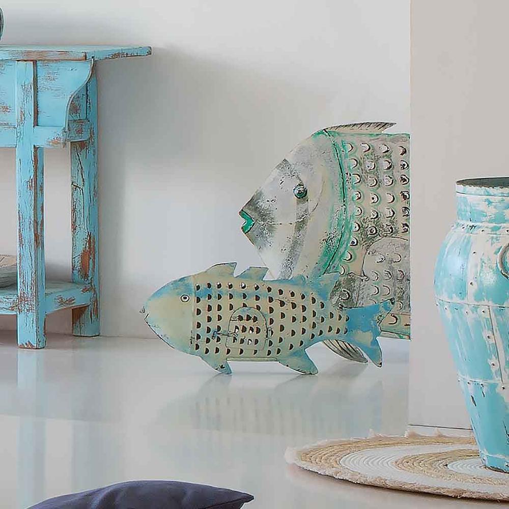Creaciones Meng DECORACION - FIGURAS DE ANIMALES - Pez Portavela De Metal Envejecido Azul