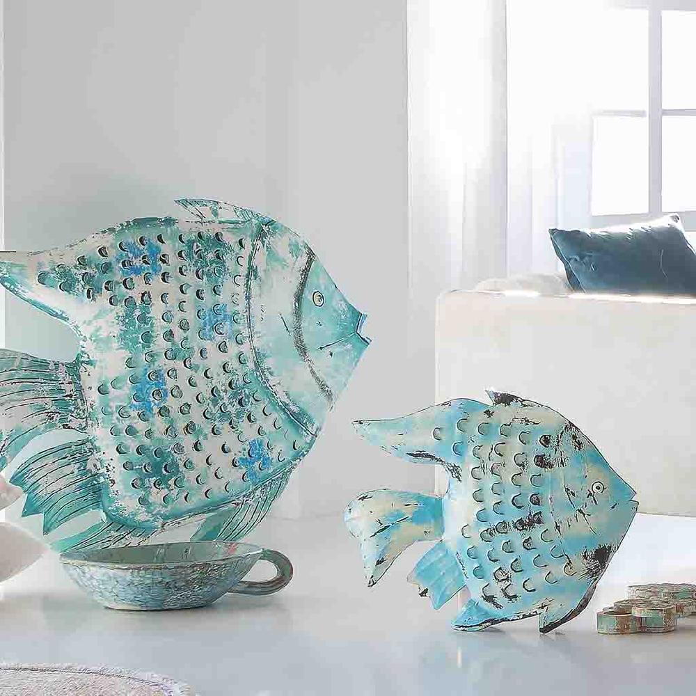 Creaciones Meng DECORACION - FIGURAS DE ANIMALES - Pez Portavela De Metal Envejecido Azul