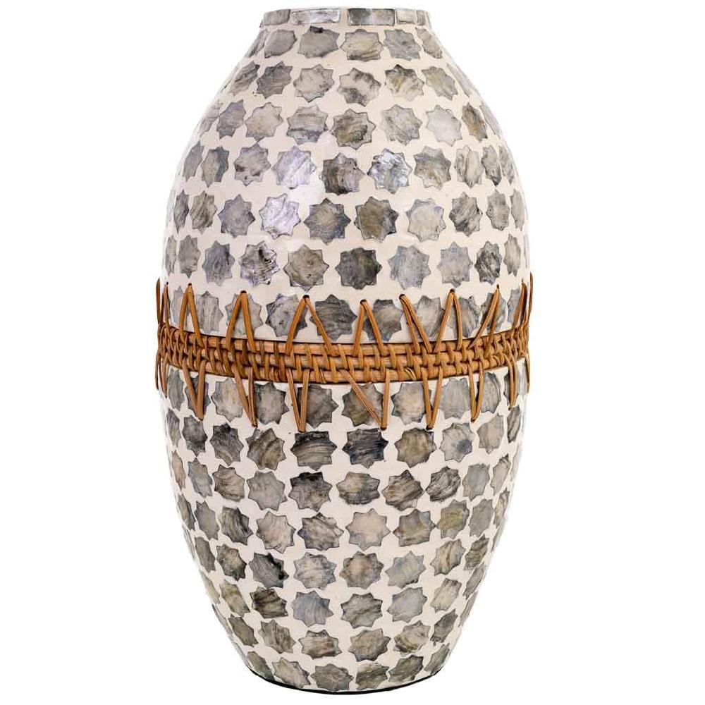 Creaciones Meng DECORACION - JARRONES Y FLOREROS - Jarron De Madera Capiz Y Ratan Gris