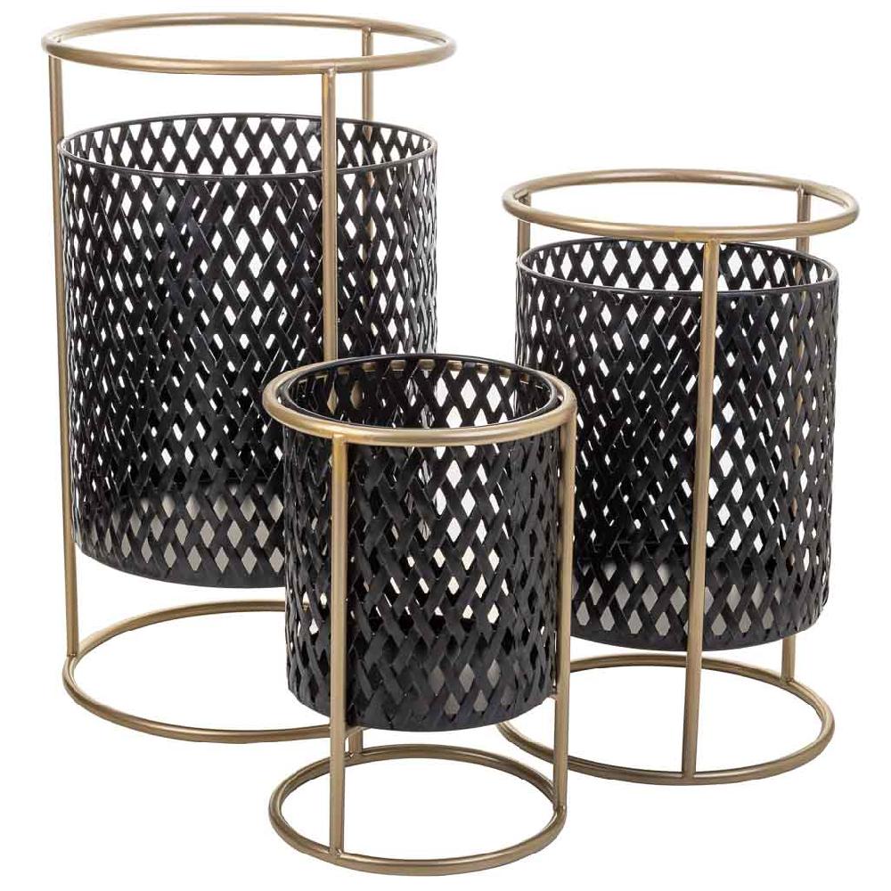 Creaciones meng DECORACION - MACETEROS - maceteros de metal con soporte de metal set 3 pzas negro