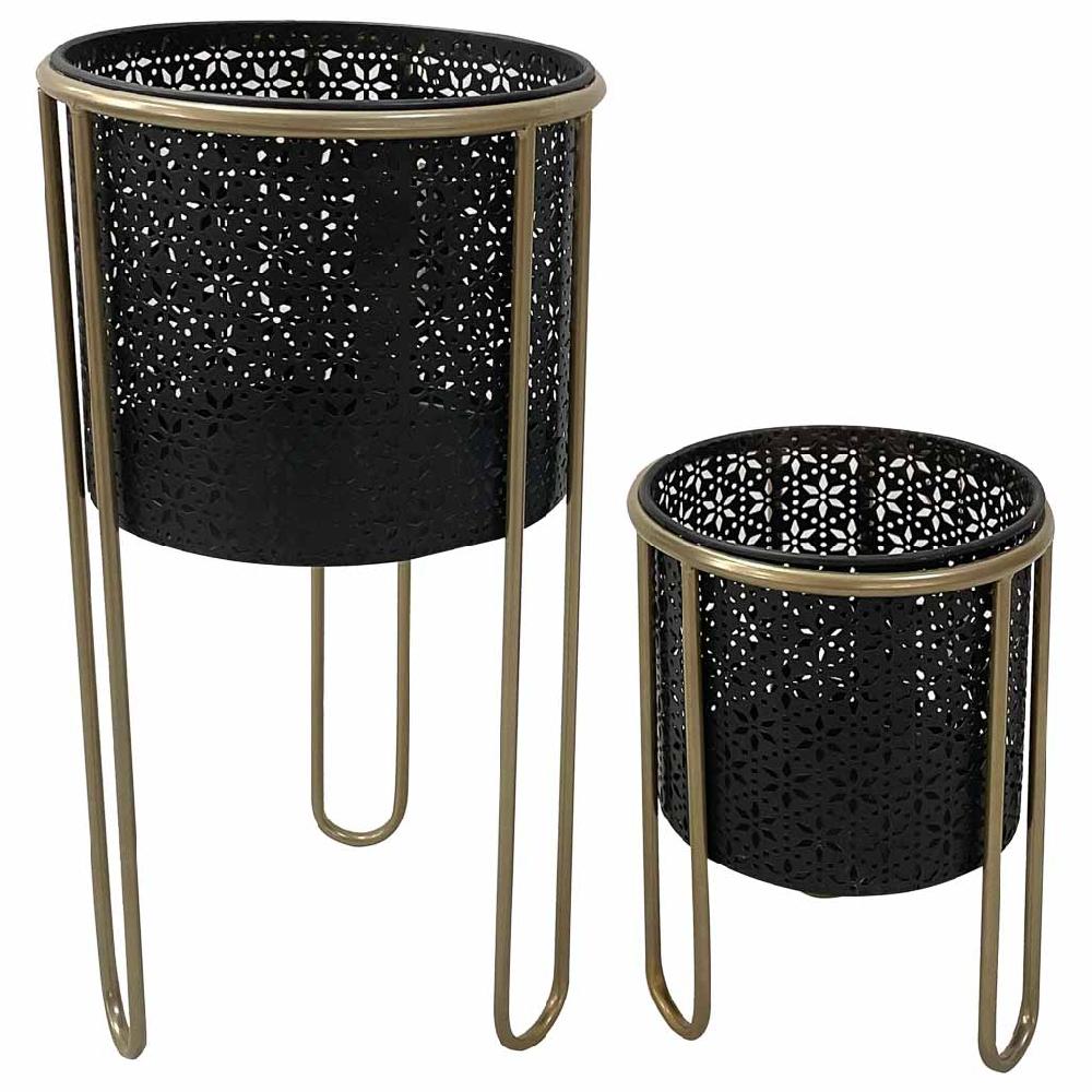 Creaciones meng DECORACION - MACETEROS - maceteros de metal con soporte de metal set 2pzas negro