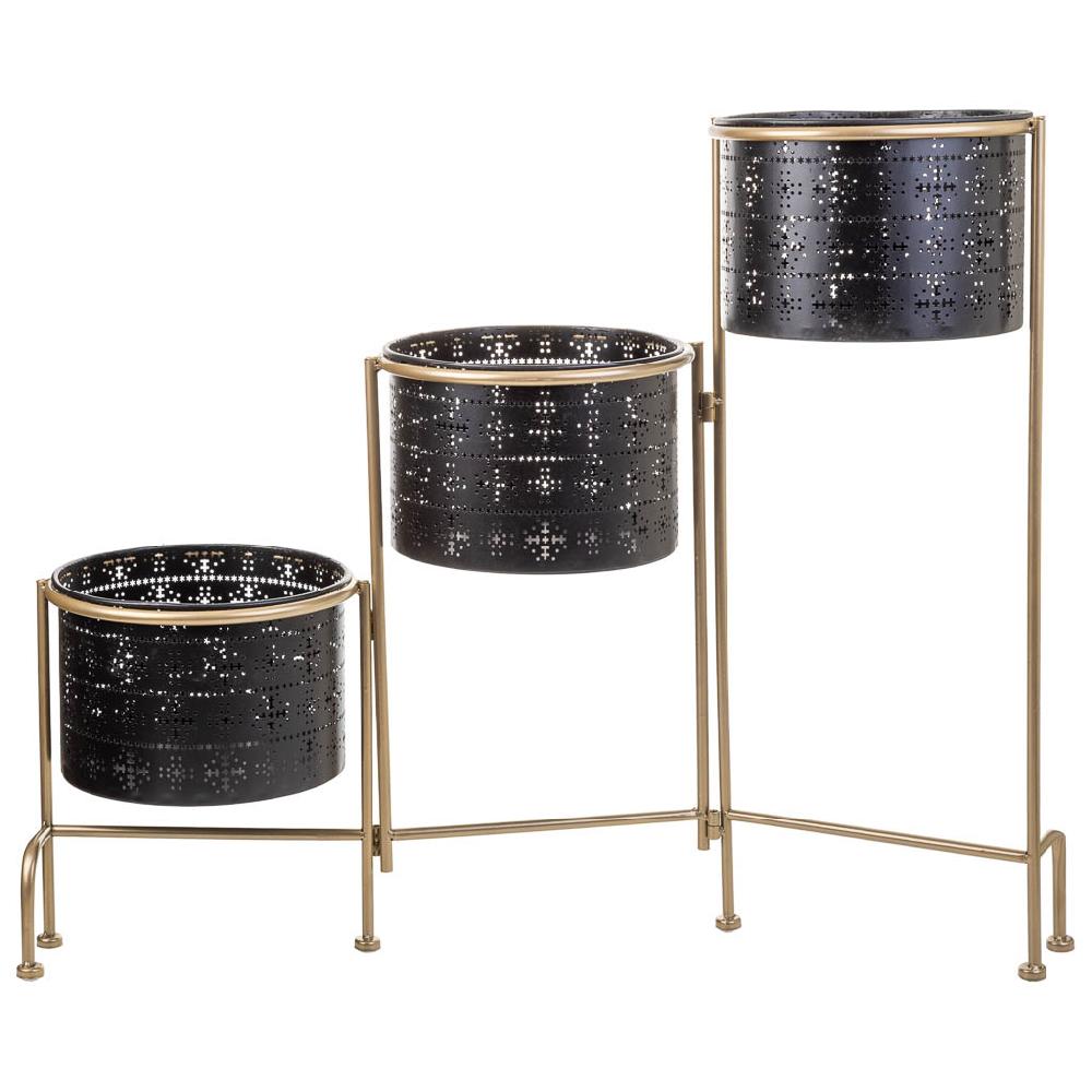 Creaciones Meng DECORACION - MACETEROS - Maceteros De Metal Para 3 Con Soporte De Metal Negro