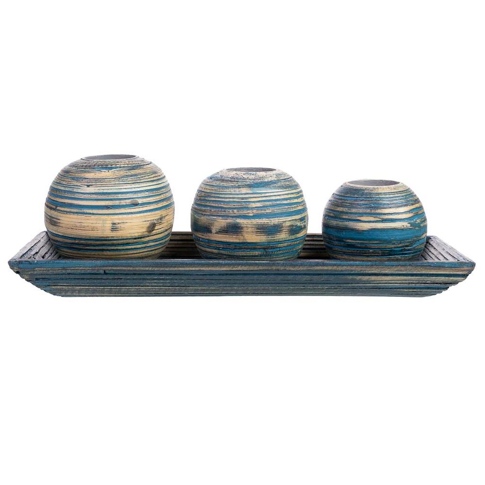 Creaciones Meng DECORACION - VELAS Y PORTAVELAS - Juego Bandeja Y 3 Portavelas De Madera De Bambu Azul