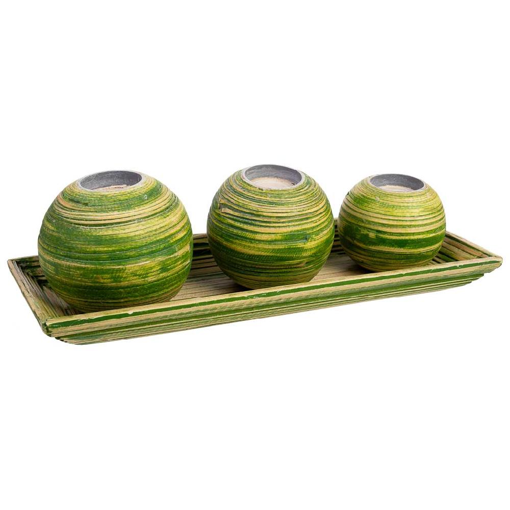 Creaciones meng DECORACION - VELAS Y PORTAVELAS - juego bandeja y 3 portavelas de madera de bambu verde