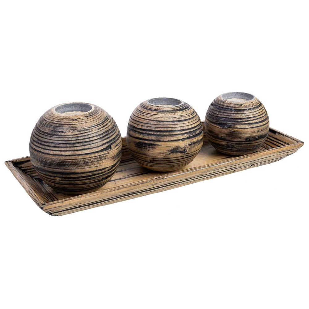 Creaciones meng DECORACION - VELAS Y PORTAVELAS - juego bandeja y 3 portavelas de madera de bambu marron