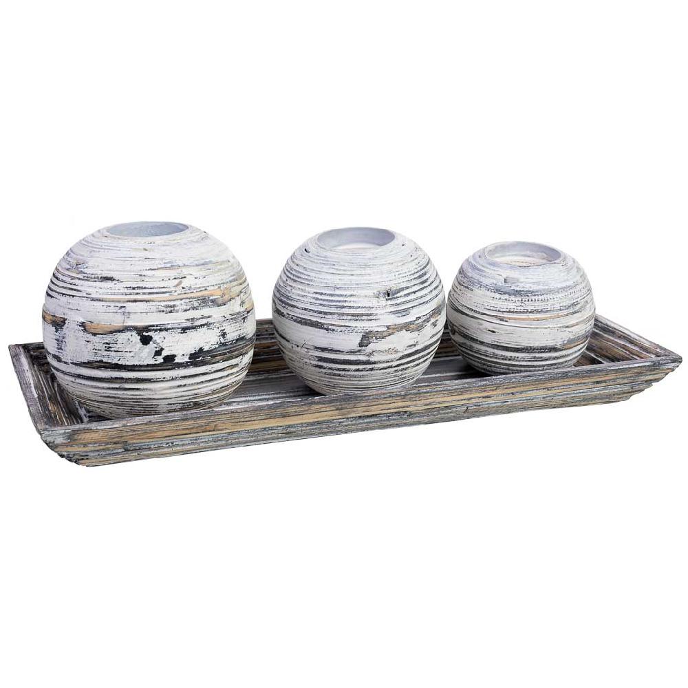 Creaciones meng DECORACION - VELAS Y PORTAVELAS - juego bandeja y 3 portavelas de madera de bambu blanco