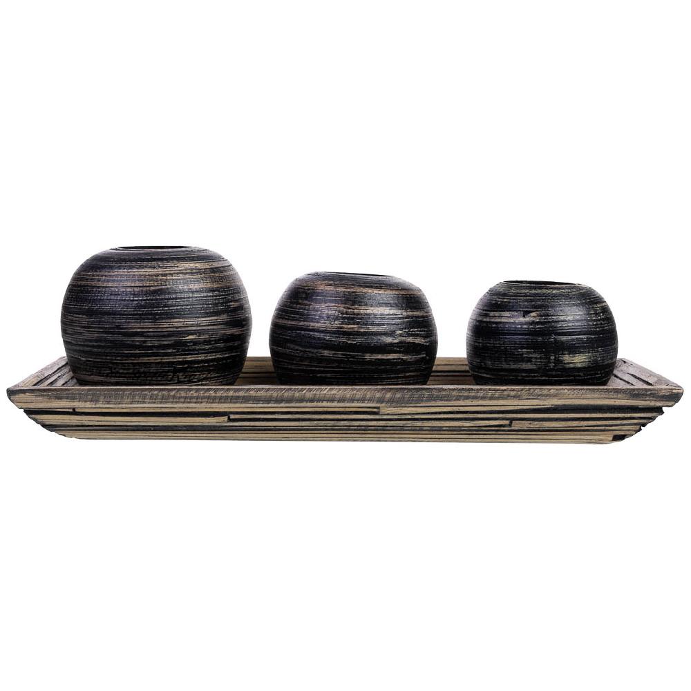 Creaciones Meng DECORACION - VELAS Y PORTAVELAS - Juego Bandeja Y 3 Portavelas De Madera De Bambu Negro