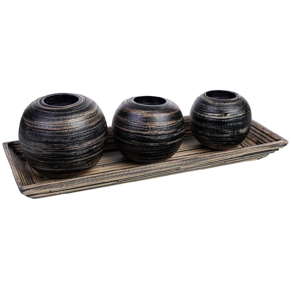 Creaciones meng DECORACION - VELAS Y PORTAVELAS - juego bandeja y 3 portavelas de madera de bambu negro