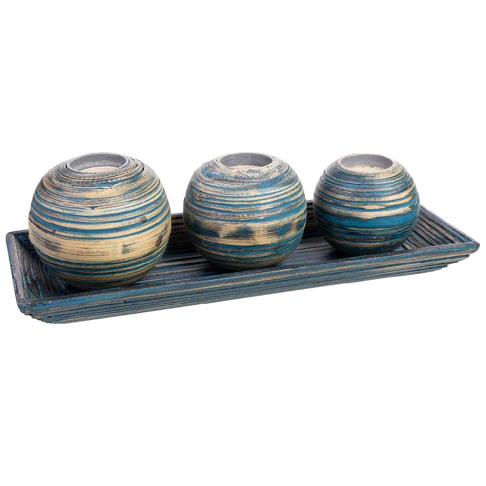 Creaciones meng DECORACION - VELAS Y PORTAVELAS - juego bandeja y 3 portavelas de madera de bambu azul