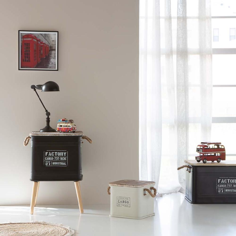 Creaciones Meng HOGAR - BAULES CAJAS Y CUEVANOS - Caja Cuadrada De Metal Tapa De Madera Y Asas De Cuerda Impresa Gris