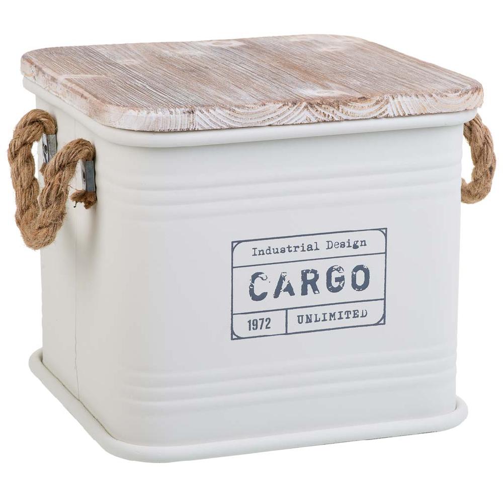 Creaciones meng HOGAR - BAULES CAJAS Y CUEVANOS - caja cuadrada de metal tapa de madera y asas de cuerda impresa gris