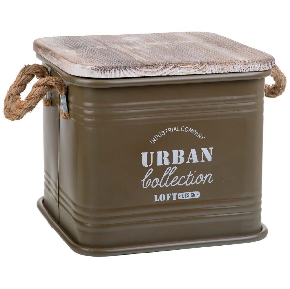 Creaciones meng HOGAR - BAULES CAJAS Y CUEVANOS - caja cuadrada de metal tapa de madera y asas de cuerda impresa verde