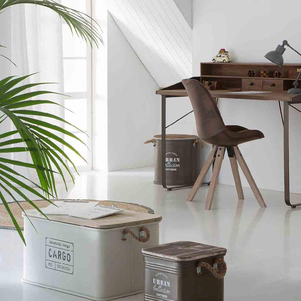 Creaciones Meng HOGAR - BAULES CAJAS Y CUEVANOS - Caja Redonda De Metal Tapa De Madera Y Asas De Cuerda Impresa Gris