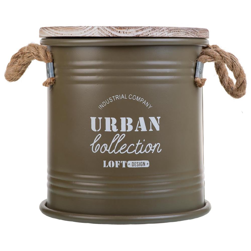 Creaciones Meng HOGAR - BAULES CAJAS Y CUEVANOS - Caja Redonda De Metal Tapa De Madera Y Asas De Cuerda Impresa Verde