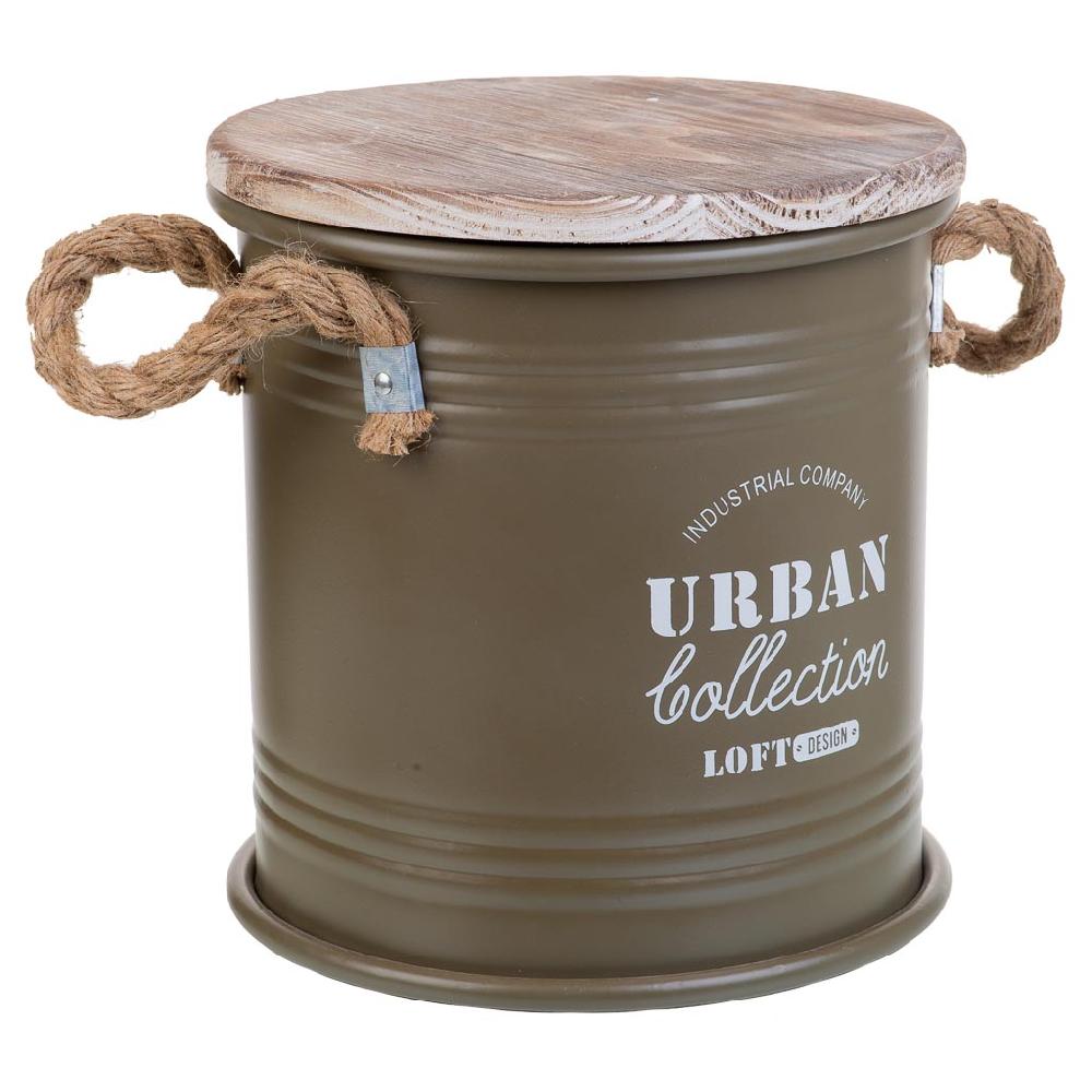 Creaciones meng HOGAR - BAULES CAJAS Y CUEVANOS - caja redonda de metal tapa de madera y asas de cuerda impresa verde