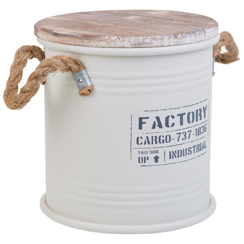 Creaciones meng HOGAR - BAULES CAJAS Y CUEVANOS - caja redonda de metal tapa de madera y asas de cuerda impresa blanco