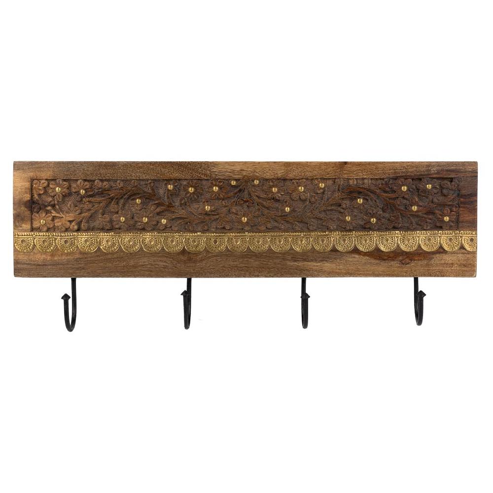 Creaciones Meng HOGAR - PERCHAS - Percha De Madera Acabado Artesanal De 4 Ganchos Marron