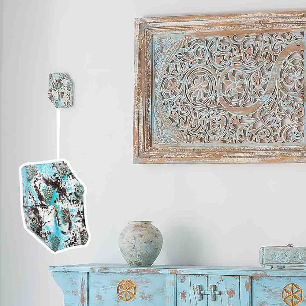 Creaciones Meng HOGAR - PERCHAS - Percha De Madera Tallada Acabado Artesanal Envejecido Azul