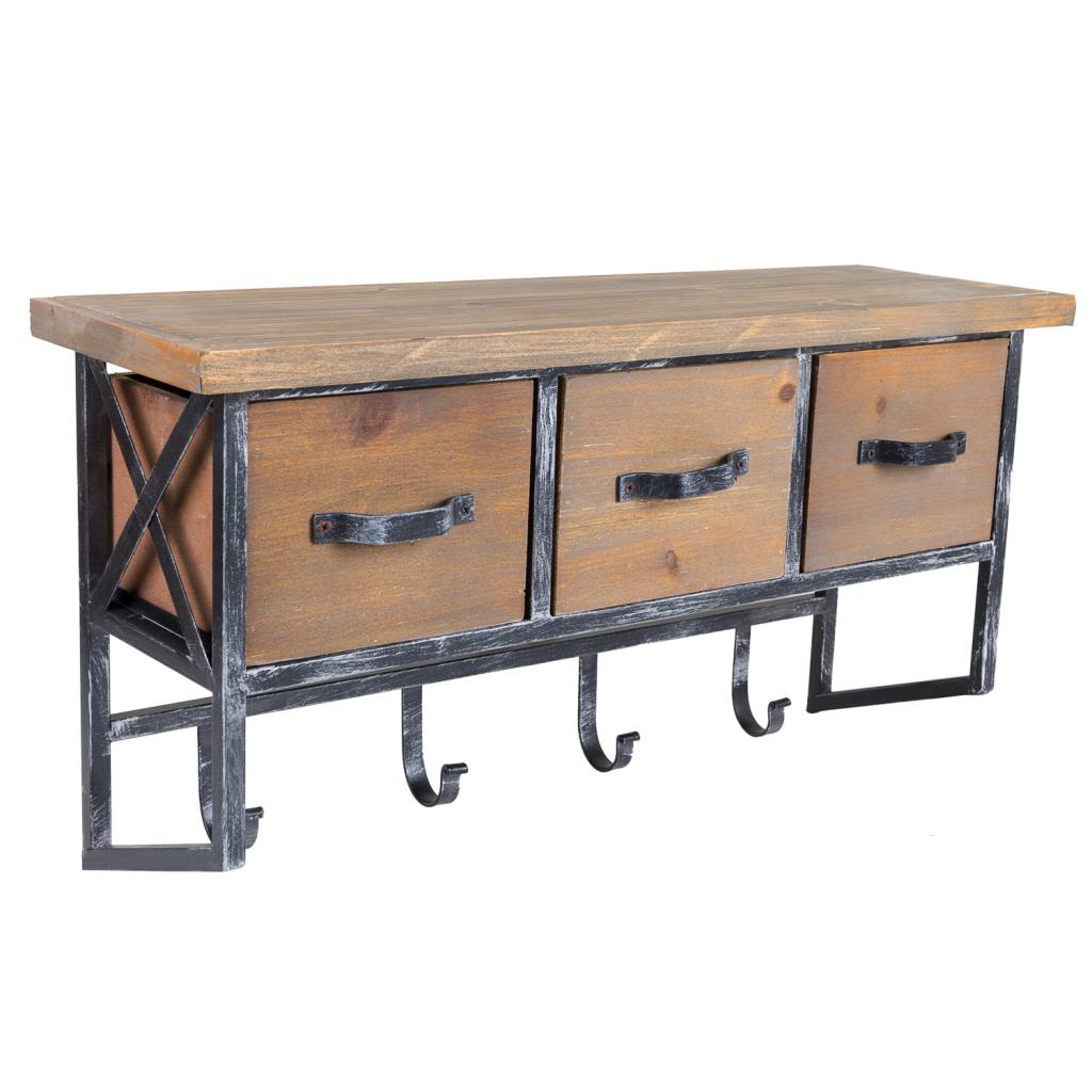 Creaciones meng HOGAR - PERCHAS - percha de madera y metal de 3 cajones y 4 ganchos