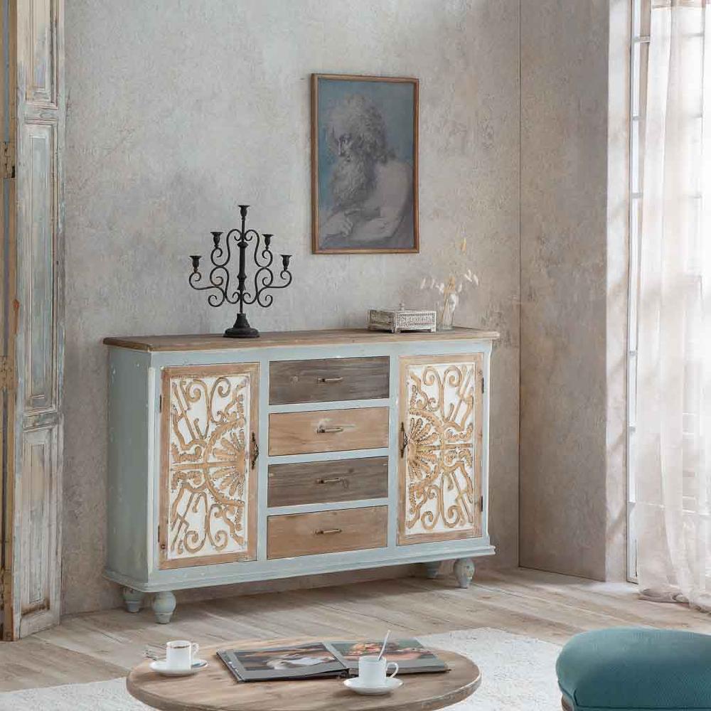 Creaciones Meng MUEBLE - APARADORES - Aparador De Madera Con 2 Puertas Y 4 Cajones Acabado Envejecido